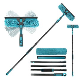 AIDELY 62" Window Squeegee, 2 in 1 Window Cleaning Tool with Telescopic Pole, Rotatable and Bendable Head for High Windows Indoor Outdoor, Includes 2 Blades & 2 Pads (Microfiber+Pads)