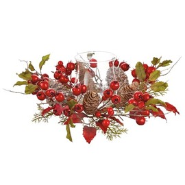 TenWaterloo Holiday Glass Hurricane Candle Holder with Berries, 16" Wide x 6" High, Pine Cones and Red Berry Centerpiece