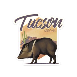 Die Cut Sticker Tucson, Arizona, Javelina, Lithograph, Vinyl Sticker, (Waterproof Decal for Cars, Water Bottles, Laptops, Coolers), Large