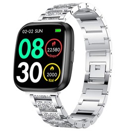 Compatible with EGQINR Smartwatch Bands, Lamshaw 18mm, 20mm, 22mm Women Jewelry Bling Diamond Metal Dressy Adjustable Replacement Strap Compatible for EGQINR H31, H38, H52, T90, T32, P103, Watch HT,