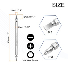 HARFINGTON 2pcs Magnetic Double Ended Screwdriver Bit 5mm PH2/SL6 6"/150mm 1/4" Hex Shank CR-V Steel Phillips Cross Slotted Flat Screw Driver Bit for Power Screwdriver Impact Drill Tool