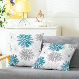 CaliTime Throw Pillow Cases Pack of 2 Cozy Fleece Two-Tone Blooming Flowers Decorative Cushion Covers for Couch Bed Sofa Farmhouse Decoration 18 X 18 Inches Teal Dark Grey