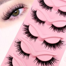 False Eyelashes, Wispy Cat-Eye Eyelashes, Wet Look, Curly, Fox Eye, Artificial Eyelashes, 18 mm Long, Dramatic Angel Wings Eyelash Lift, False Eyelashes, 5 Pairs Pack (Wet-6-10)