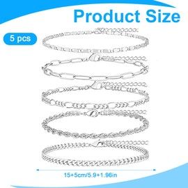 JEXOWIQ armband silber - 5 Pcs Ketten Armbander für Damen 14 Karat Vergoldet Armkette Damen Twist Figaro Kettenarmbänder Verstellbar Modeschmuck Armbander Set Silber Armbander