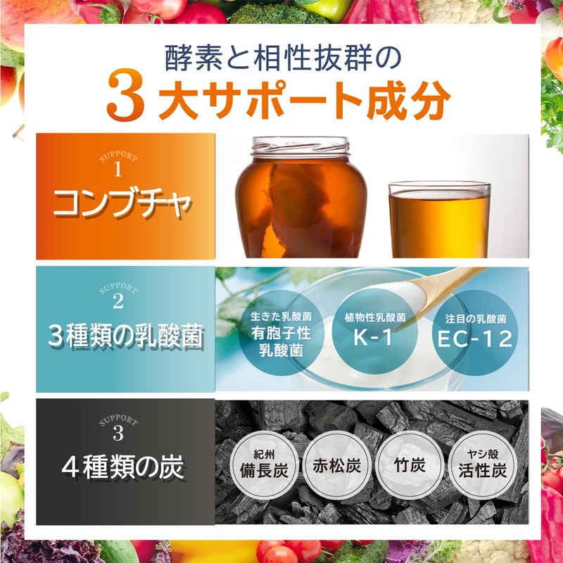レバンテ 375種類の酵素 サプリ コンブチャ 乳酸菌 3種 炭 アサイー ユーグレナ ビタミン