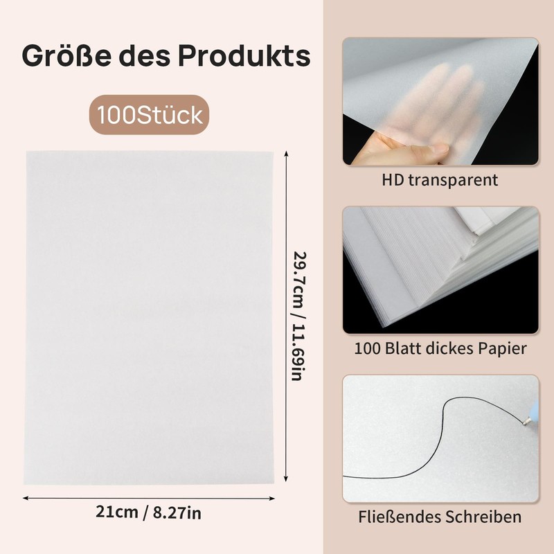 Pack of 100 Tracing Paper 50 g/m², Suofuolef A4 210
