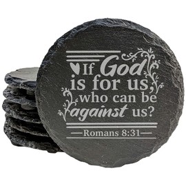 Faith and Hope: Laser Etched Faith-Based Inspiration: "If God is for Us" Coasters - Round Slate - set of 6