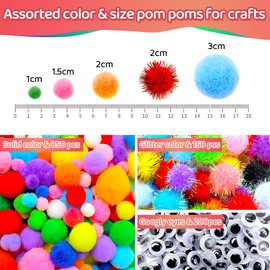 Iooleem Multi-Color Pom Poms, 1200pcs Assorted Size & Color, Pom Poms for Arts and Crafts, Pom Pom Balls with Wiggle Eyes in jar, Glitter Pom Poms, Craft Supplies.