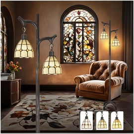 68" Tiffany Style Stained Glass Floor Lamp for Living Room,Modern Industrial Vintage Standing Floor Lamp for Bedroom,Stepless Dimmable Rustic Tree Trunk Tall Lamp for Study Room (Bulb Included)