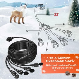 Eversimpleinc Black 1 to 4 Splitter Extension Cord (Combined 46 FT, End to End 28 FT), 3 Prong Plug with 4 Extended Outlets, with Weatherproof Covers for Indoor and Outdoor