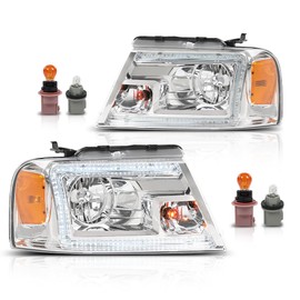 CNNELL Projector LED DRL Headlights Assembly Compatible with Ford F150 2004-2008/Fit Lincoln Mark LT 2006-2008 FO2503247, FO2502247 Clear lens Chrome Housing Amber Reflector