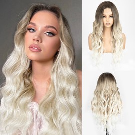 Wigs for Women Ash Brown to Platinum Blonde Ombre Wig Long Wavy Synthetic Wig with Natural Look, Heat Resistant Curly Hair for Daily Use