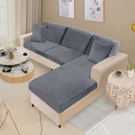 NAISI Sectional Couch Covers 6 Pieces Velvet Couch Cushion Covers L Shape Soft Stretch Sofa Slipcovers with 2pcs Pillowcases for Left/Right Chaise Sectional Couch(2 Seater+1 Chaise+3 Back,Dark Grey)