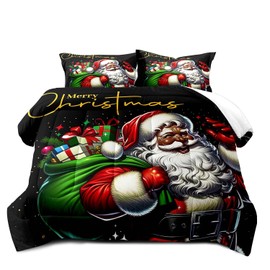 LUVIVIHOME 3PCS Merry Christmas Comforter Set Queen Size, African American Black Santa Claus Bedding, Winter Xmas Funny Christmas Bedroom Decor for Kids Boys Girls Teens, Xmas Gifts, 2 Pillow Shams