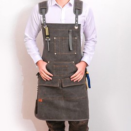 Heavy Duty Work Apron with 10 Tool Pockets - Woodworking Shop Adjustable Cross-Back Canvas Apron for Mechanic Garage Butcher (Grey)