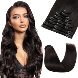 Clip-In Extensions aus Echthaar, 25 cm, 50 g, Remy-Echthaar-Extensions mit Clip, #1B, Naturschwarz, 8 Stück