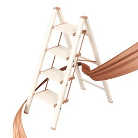 GameGem 4 Step Ladder, Folding Step Stool with Wider Pedal, Anti-Slip Feet & Non Slip Stripes, Aluminum Sturdy Material, 330Lbs Capacity, Elegant Look of Chocolate White Better Matches Your Home