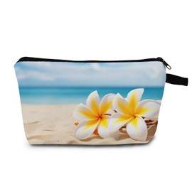 MoCaliduccious Tropical Beach Plumeria Print Cosmetic Bag Birthday & Holiday Gift Idea Elegant Travel Makeup Pouch with Coastal Blooms Art