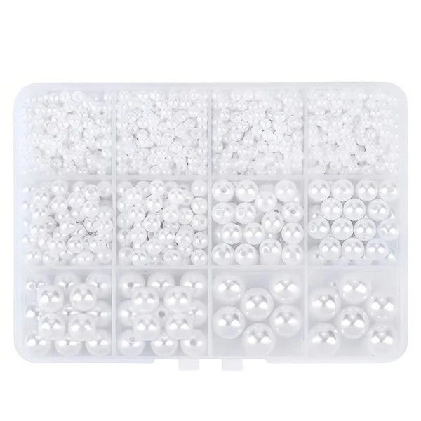 1 Box Beige Pearl Beads in 12 Compartments,Mix Sizes Round