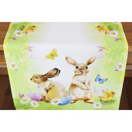 KAMACA Runner playful rabbits high-quality print motif with cute bunnies and butterflies, a piece of jewellery on every table in spring Easter (table runner 40 x 140 cm).