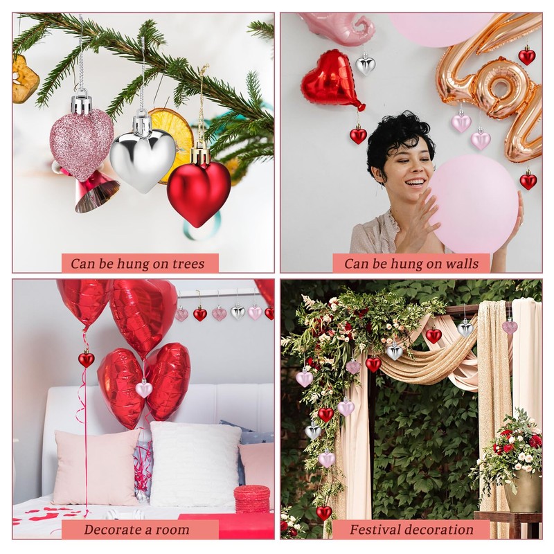 EXCEART 48pcs Plastic Heart Tree Hanging Ornaments Valentine's Day Wedding