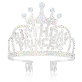 Wecoe Birthday Princess Crown with Combs Birthday AB Silver Rhinestone Tiara Headband Happy Birthday Party Favors Decorations 16th 18th 21st 25th Birthday Gifts for Her