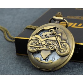 Lancardo Antique Brass Tone Motobike Hollow Skeleton Case Military Time Pocket Watch with Chain