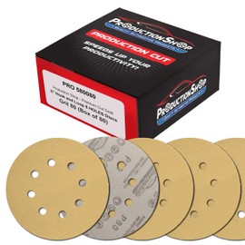 ProductionShop Premium 80 Grit 5" Gold Sanding Discs, 8-Hole Pattern, Box of 100 - Dustless Hook & Loop Backing Sandpaper for DA & Random Orbital Sanders, Sand Auto Paint, Wood, Woodworking Furniture