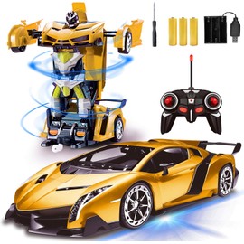 AMENON Remote Control Transform Car Robot Boys Toys with Lights RC Car 2.4Ghz 1:18 Rechargeable 360°Rotating Race Car Christmas Toys Gifts for Kids Girls Party Favors (Yellow)