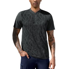 TAPULCO Mens Henley Short Sleeve Summer Cool Dry no Collar Basic Casual Outdoor Sports Tshirts Comfortable Golf Polo Leisure Wear Black Large