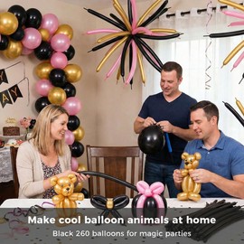 LovesTown Black 260 Balloons for Twisting Balloons Animal, 100 PCS Black Latex Long Skinny Balloon with Eye Stickers for Birthday Wedding Beginners Making Kid's Carnivals Party Decorations