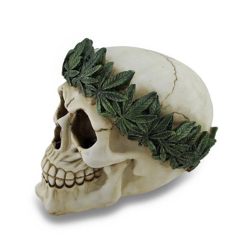 Zeckos Pot Head Leaf Headband Human Skull Statue