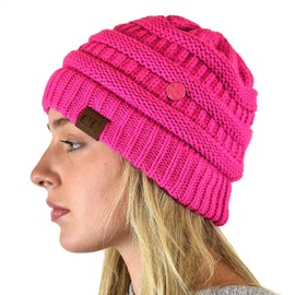 C.C Soft Stretch Cable Knit Side Epoxy Button for Mask Beanie Skully, Neon Hot Pink