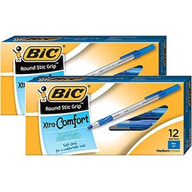 BIC Round Stic Grip Xtra Comfort Ball Pen Medium Pt 1.2 mm Blue 2DOZEN GSMG11BE