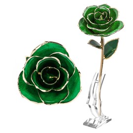 Long Stem Dipped 24k Gold Trim Red Rose In Gold Gift Box with stand (green rose with stand)