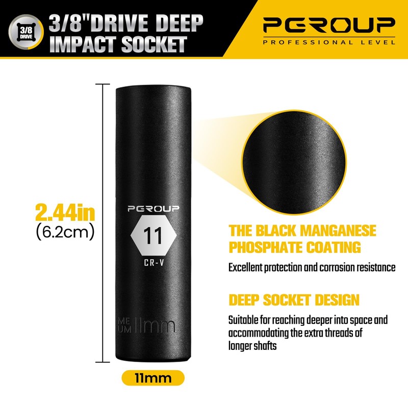 PGROUP 3/8” Drive Deep Impact Socket, Metric(11mm socket), 6-Point, Cr-V
