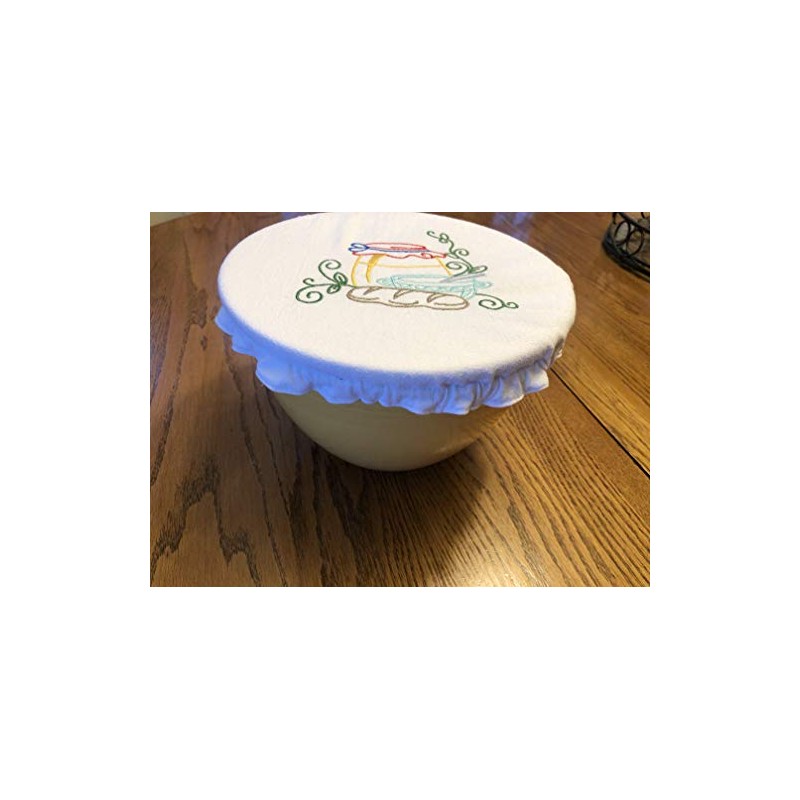 Reusable fabric bowl cover, embroidered design, zero waste linens, bread