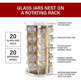 Orii Natural Acacia Wood Spice Rack with 20 EMPTY jars with Stainless Steel Lids and FREE Stainless Steel Funnel and Labels
