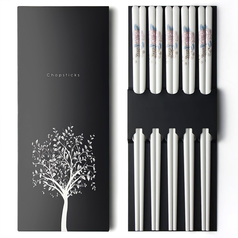IQCWOOD 5 Pairs Ceramic Chopsticks, Bone China Chinese Reusable Chopsticks