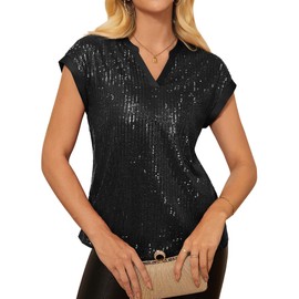 Womens Black Tops Elegant Club V Neck Cap Sleeve Party Blouse Dressy Fall Sequin Shirts 2025 Trendy Fashion Black XL