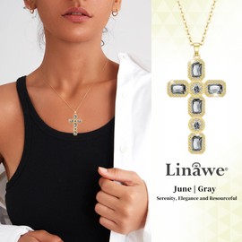 Linawe Cross Necklace for Women, Gold Jewelry Chain Charm Pendant Necklace, Moissanite Crystal Imitation Diamond Cubic Zirconia Necklaces, Catholic Birthday Religious Gifts Mom Grandma