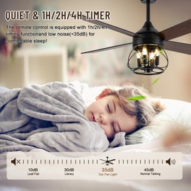 52" Modern Farmhouse Caged Ceiling Fan with Light and Remote, Reversible DC Motor, 4 Double Finish Wood Blades, Rustic Retro Chandelier Fan with Light for Living Room Dining Room Bedroom
