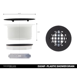 Westbrass D206P-26 2" No-Caulk PVC Compression Shower Drain with 4-1/4" Round Grid Cover, Polished Chrome