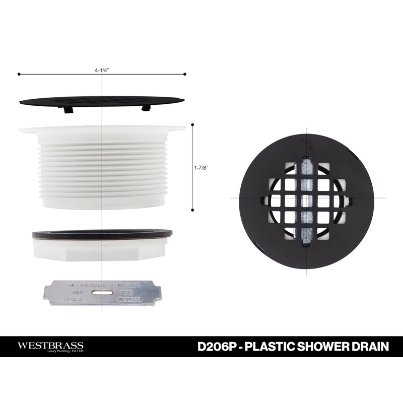 Westbrass D206P-26 2" No-Caulk PVC Compression Shower Drain with 4-1/4"
