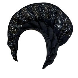 SugeGasa Luxury Nigerian Headties Already Made Auto Gele African Headtie Women Headbands Head Wrap or Party Wedding (Black)