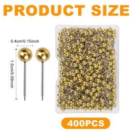 Pack of 400 Round Head Pins 15 mm Map Push Pins Round Head Pins with Storage Box Map Nail Push Pins Marking Pins for World Map Fabric Marking and Pin Board (Gold)