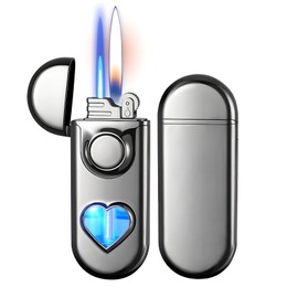 Torch Lighter, Dual Flame Lighter with 6pcs Flint Stone, Windproof Lighter with Visible Gas Window, Cool Adjustable Soft Flame and Jet Flame 2 in1,Refillable Butane Lighter for Outdoor Indoor-Black