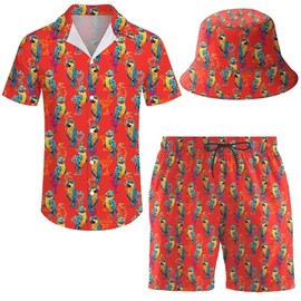 ifamawlea Men's 2 Piece Tracksuit Hawaiian Shirt Shorts Button Down Shirt and Shorts Sets with Bucket Hats, Parrot, Large