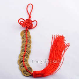 Feng Shui Nine Brass I Ching Coins Charm with Chinese Knot+ Free Fengshuisale Red String Bracelet Y1225, Metal