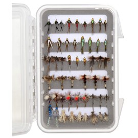 Outdoor Planet Surtido de 50 moscas de pesca con mosca de alta calidad, caja impermeable para moscas secas, moscas húmedas, moscas ninfas, caddis | Juego de señuelos de pesca de trucha